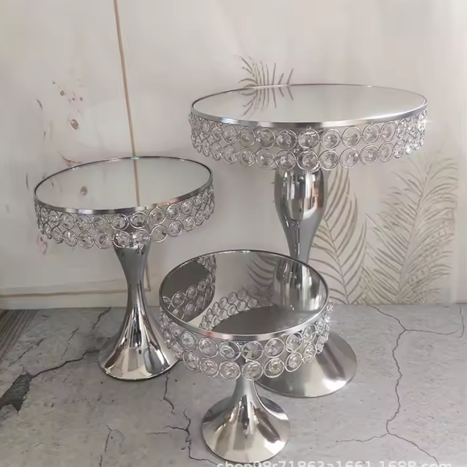 Soporte de espejo de lujo dorado y plateado, pedestal de metal y cristal de perlas, soporte para exhibición de pasteles para decoración para fiestas.